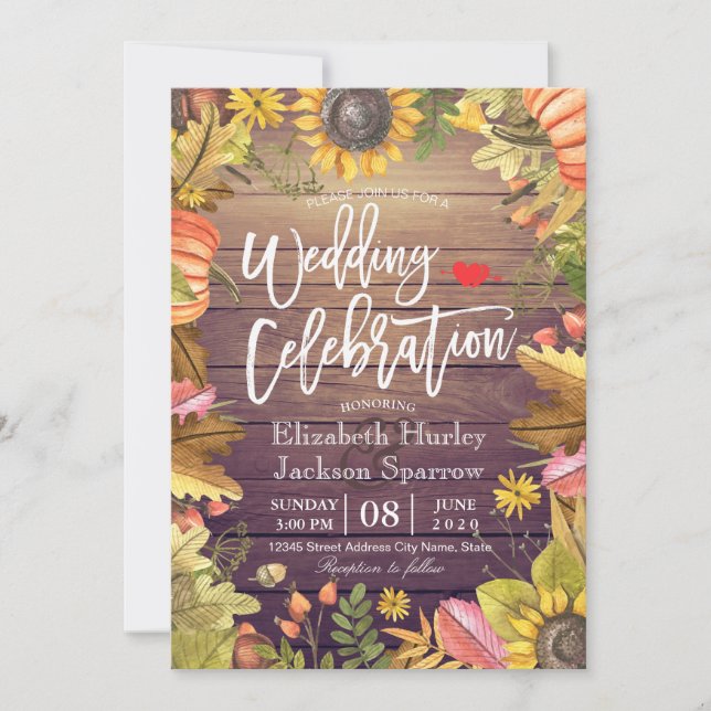 Wedding Celebration Autumn Maple Leaf Pumpkin Wood Invitation (Front)