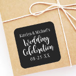 Wedding Celebration Black Handwritten Script Square Sticker<br><div class="desc">Modern "Wedding Celebration" stickers feature a modern black and white colour scheme with bold and playful handwritten calligraphy script typography. Personalize the casual yet elegant custom text with the bride and groom names and wedding date.</div>