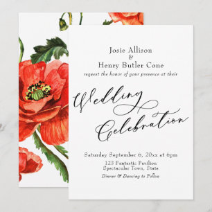 Wedding Celebration Calligraphy, Red Poppies Back Invitation