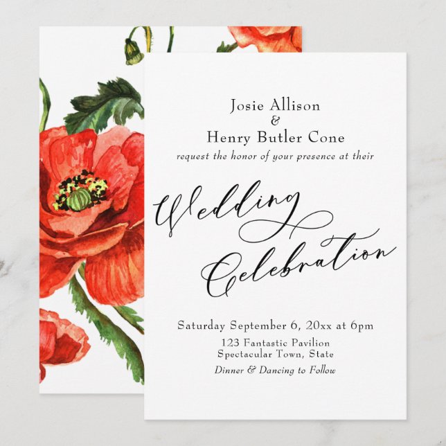 Wedding Celebration Calligraphy, Red Poppies Back Invitation (Front/Back)