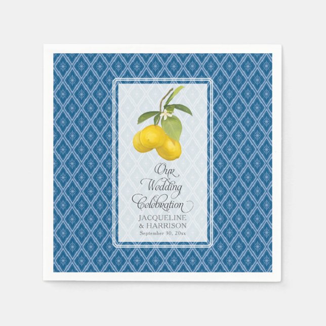 Wedding Celebration Navy Blue White Lemon Citrus Napkin (Front)