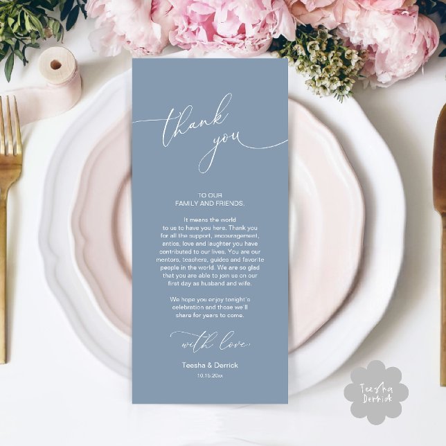 Wedding Celebration Place Setting Thank You Card (Wedding Dinner Celebration Place Setting Thank You Modern Romantic Card in Dusty Blue)
