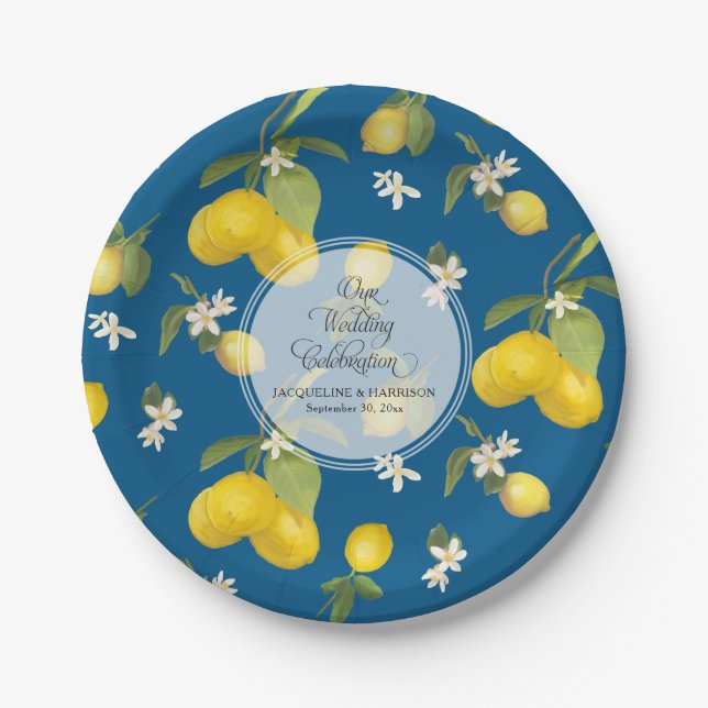 Wedding Celebration Royal Blue Lemon Flower Citrus Paper Plate (Front)