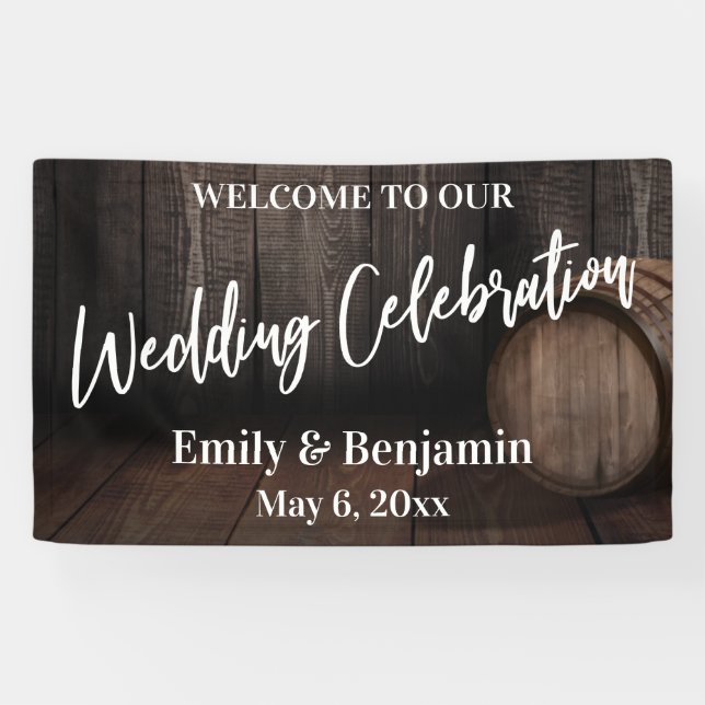 Wedding Celebration Typography Rustic Wood Barrel Banner (Horizontal)