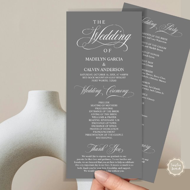 Wedding Ceremony, Classy Elegance Dark Grey Program (Wedding Ceremony Program Card, in Modern Classy Elegant Design, in Dark Grey)