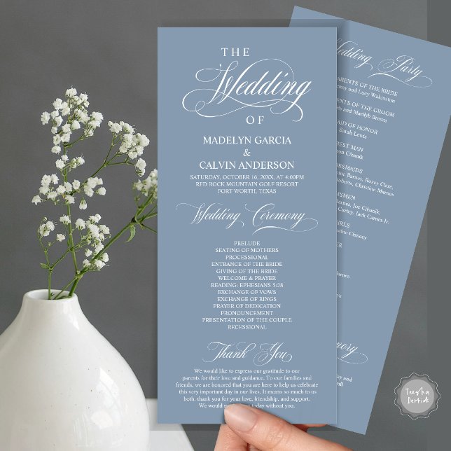 Wedding Ceremony, Classy Elegance Dusty Blue Program (Wedding Ceremony Program Card, in Modern Classy Elegant Design, in Dusty Blue)