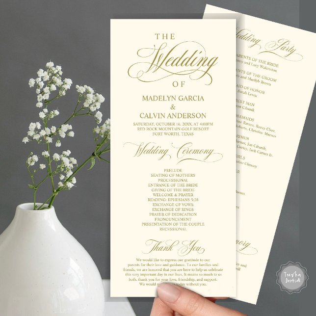 Wedding Ceremony, Classy Elegance Yellow Gold Program (Wedding Ceremony Program Card, in Modern Classy Elegant Design, in yellow gold)