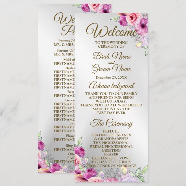 Wedding Ceremony Colourful Pink Floral Golden Program (Front/Back)