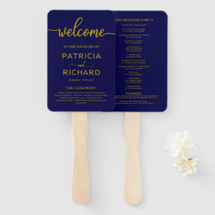 Wedding Ceremony Order of Service Gold Navy Blue Hand Fan