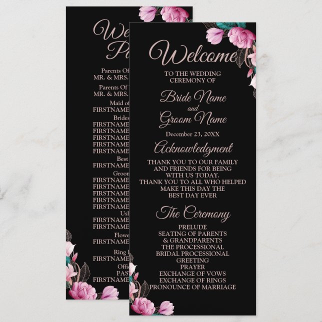 Wedding Ceremony Pink Floral Black Modern Program (Front/Back)