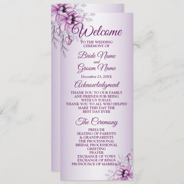 Wedding Ceremony Pink Floral Violet Purple Frame Program (Front/Back)