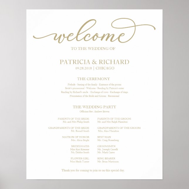 Wedding Ceremony Program Board Chic Gold Script Poster (Front)