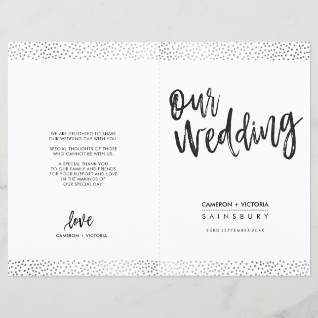 WEDDING CEREMONY PROGRAM brush type grey confetti (Front)