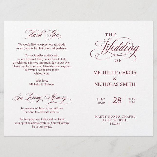 Wedding Ceremony Program Classic Elegance Burgundy (Front)