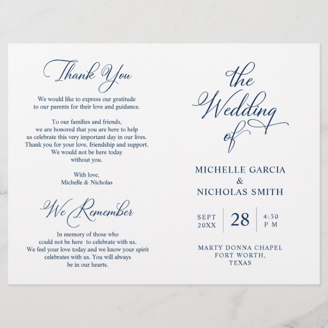 Wedding Ceremony Program, Classy Navy Blue Themed (Front)