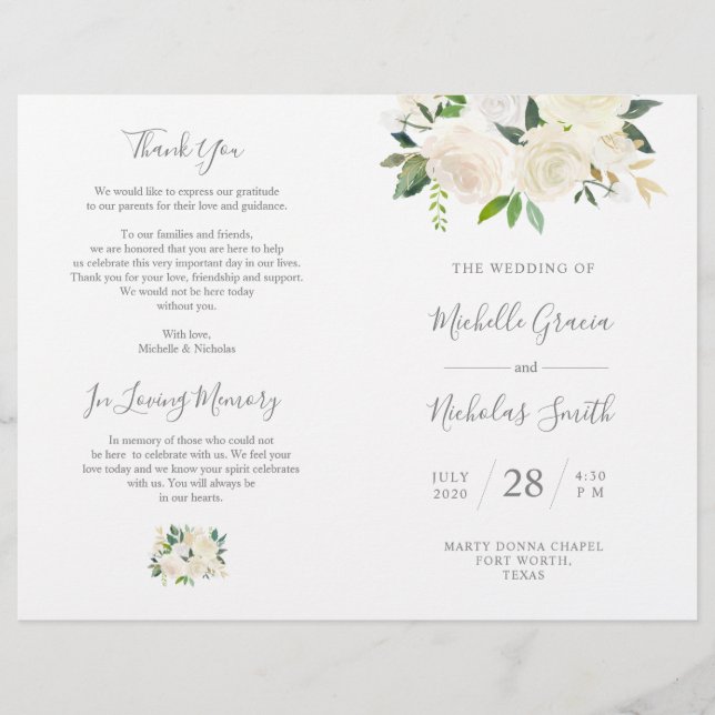 Wedding Ceremony Program Cream Watercolor Floral (Front)