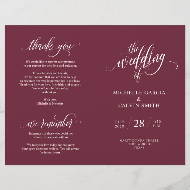 Wedding Ceremony Program Elegance Script Burgundy (Front)