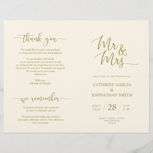 Wedding Ceremony Program, Elegant Script Gold (Front)