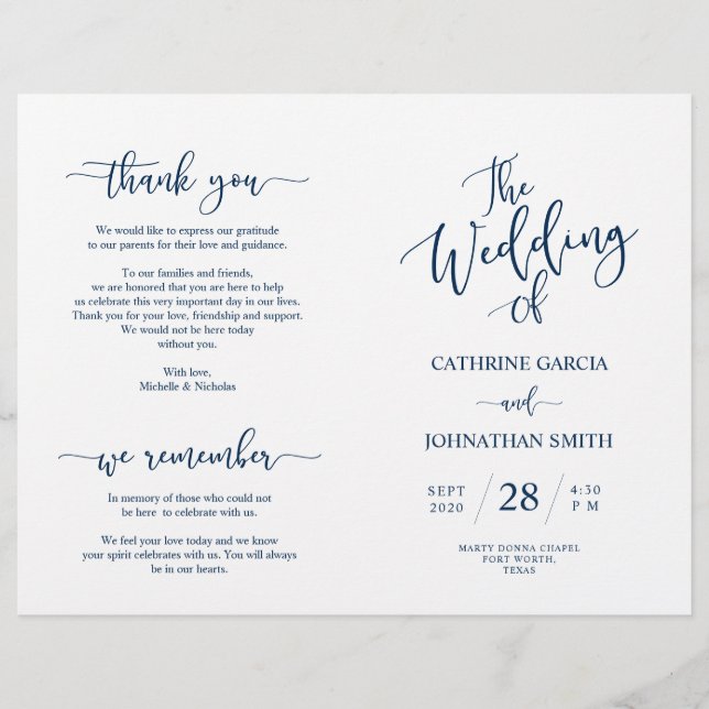 Wedding Ceremony Program, Elegant Script Navy Blue (Front)