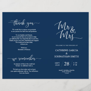 Wedding Ceremony Program, Elegant Script Navy Blue