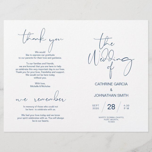 Wedding Ceremony Program, Modern Minimalist Navy (Front)