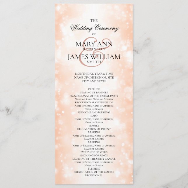 Wedding Ceremony  Program Rose Gold Shimmer Lights (Front)