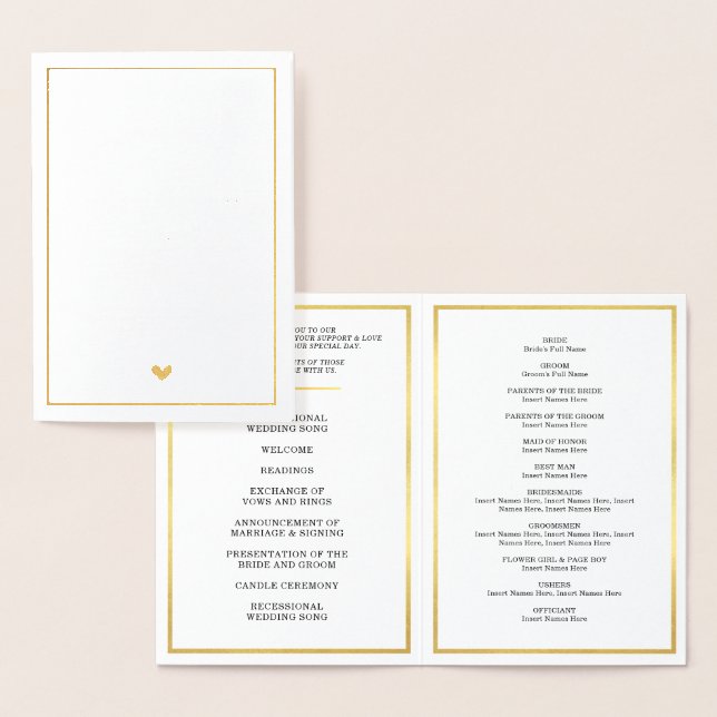 WEDDING CEREMONY PROGRAM simple stylish heart Foil Card (Display)