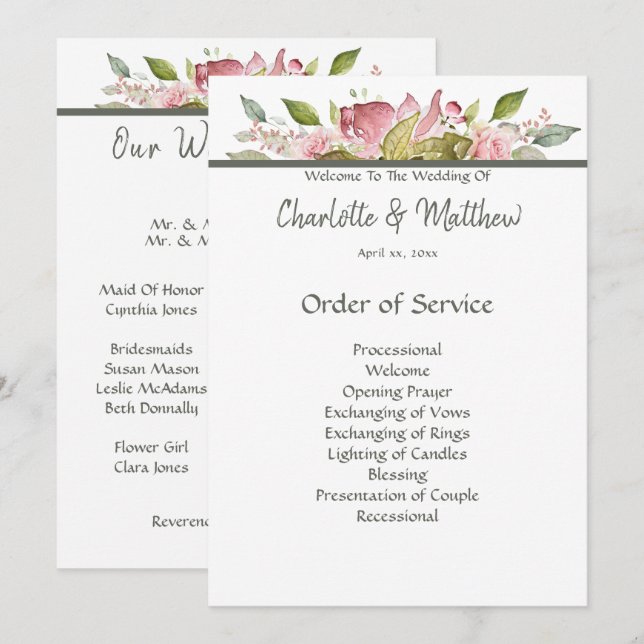 Wedding Ceremony Program Watercolor Pink Roses (Front/Back)
