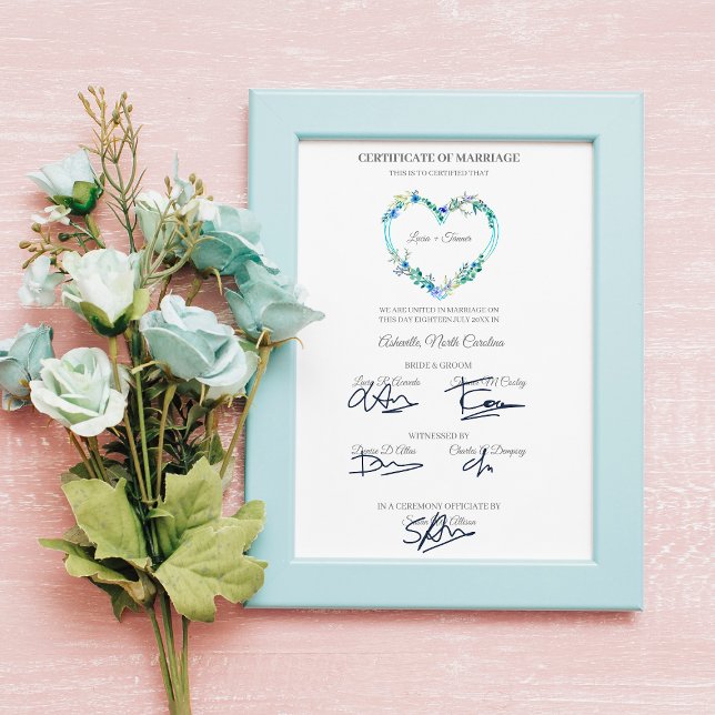 Wedding Certificate Blue Floral Heart Poster (Creator Uploaded)