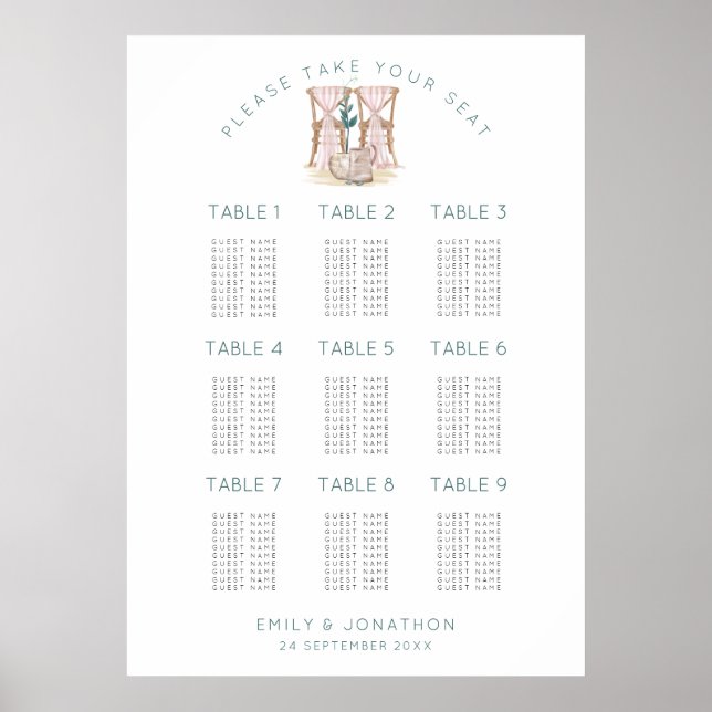 Wedding Chairs 9 Tables 90 Guest Seating Chart (Front)