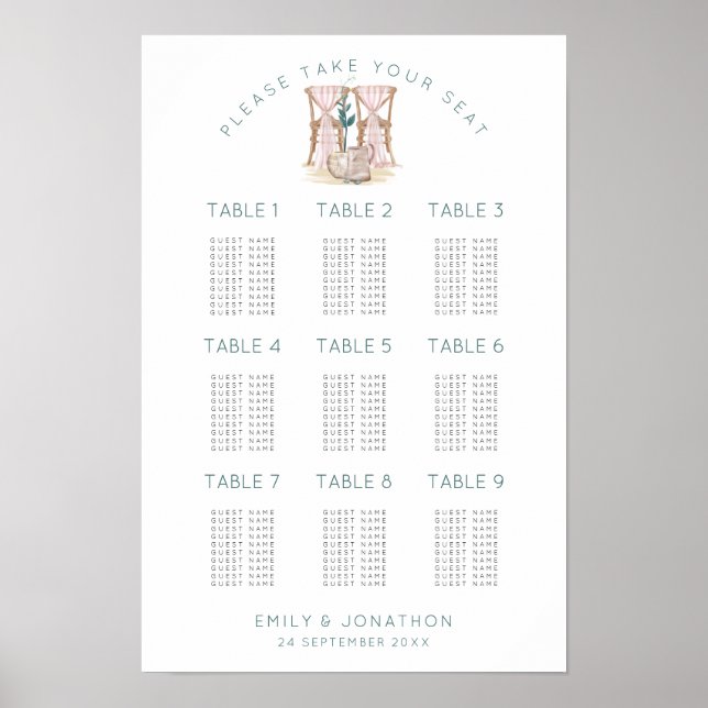 Wedding Chairs 9 Tables 90 Guest Seating Chart (Front)