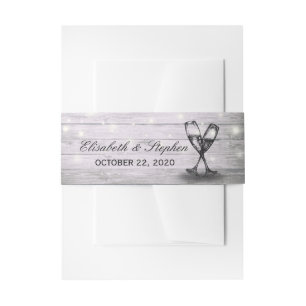 Wedding Champagne Glasses Rustic Wood String Light Invitation Belly Band
