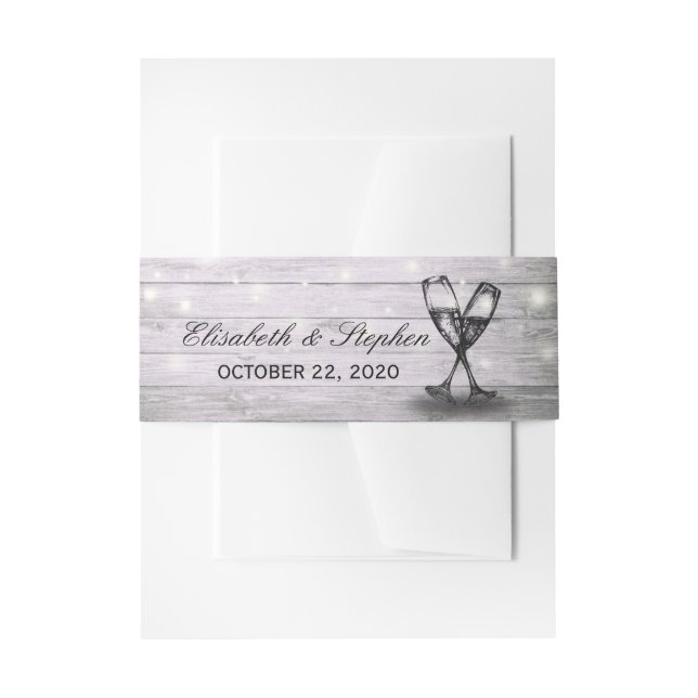 Wedding Champagne Glasses Rustic Wood String Light Invitation Belly Band (Front Example)