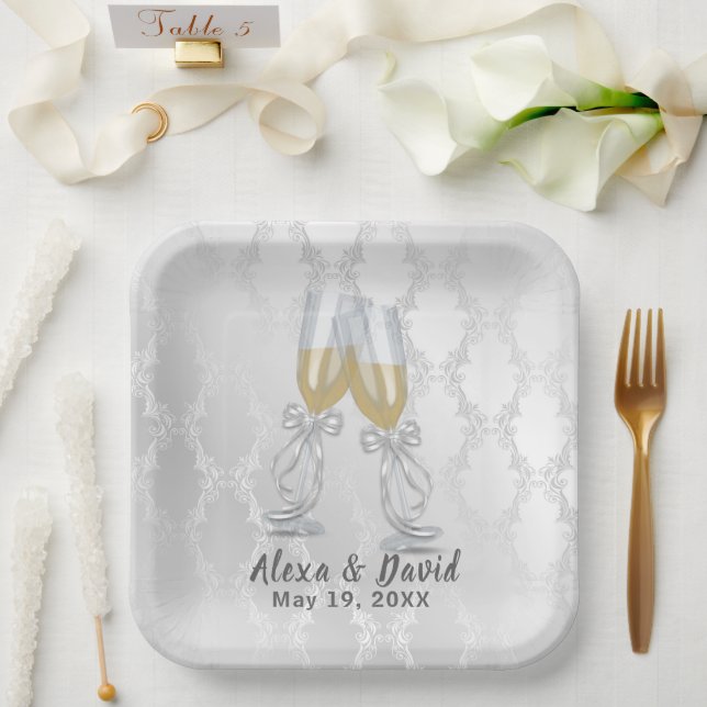 Wedding Champagne Toast On Damask  Paper Plate (Wedding)