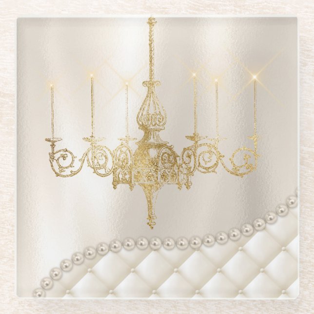 Wedding Chandelier Lighting Ivory Pearls Glass Coaster (Front)