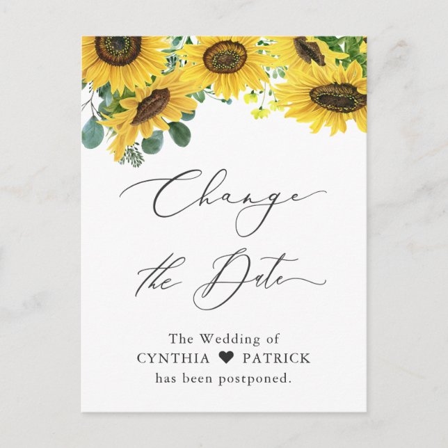 Wedding Change the Date Elegant Sunflower Script Postcard (Front)