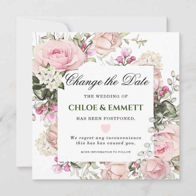 Wedding Change the Date Pink Floral Invitation (Front)