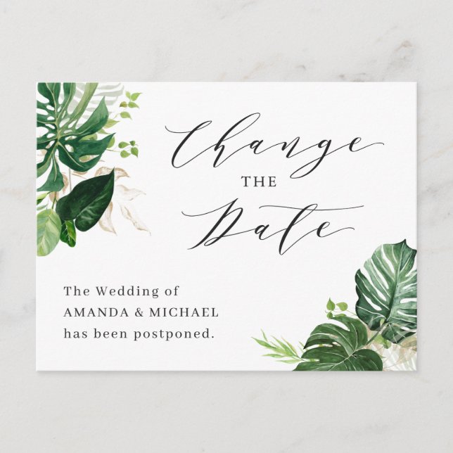 Wedding Change the Date Tropical Palm Leaves Postcard (Front)