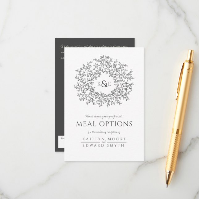Wedding charcoal white leaf monogram meal options enclosure card (Front/Back In Situ)