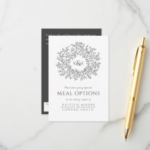 Wedding charcoal white leaf monogram meal options enclosure card