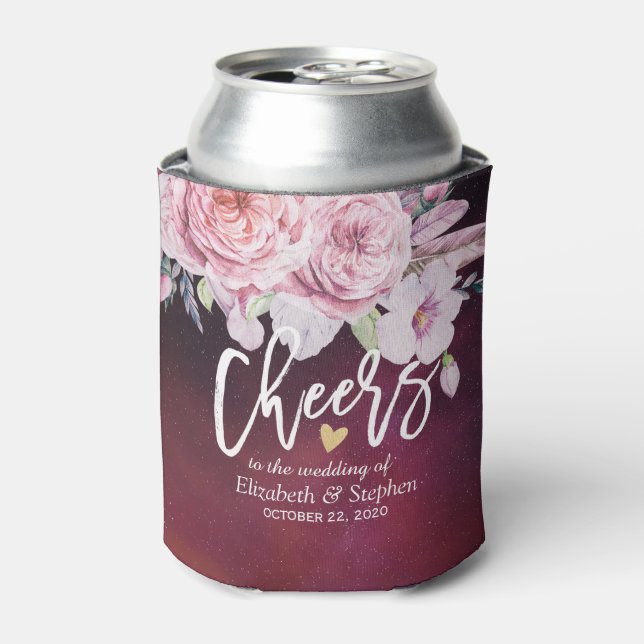 Wedding Cheers to Love Boho Flowers Burgundy Red Can Cooler (Can Front)
