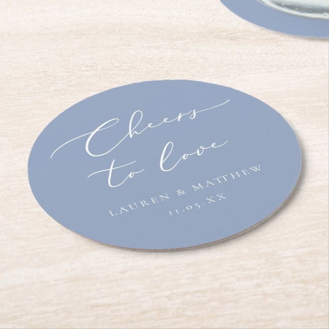 Wedding Cheers to Love Calligraphy Dusty Blue Round Paper Coaster (Angled)