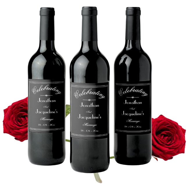 Wedding Chic Personalized B & W Wine Bottle Labels (Chic, Elegant Marriage Celebration Wine Bottle Labels.)