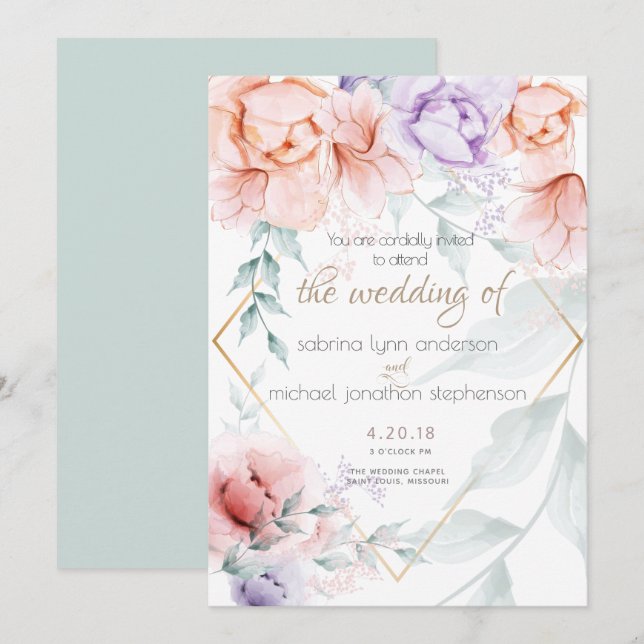 Wedding |Chic Trendy Coral and Lilac Aquarelle Invitation (Front/Back)