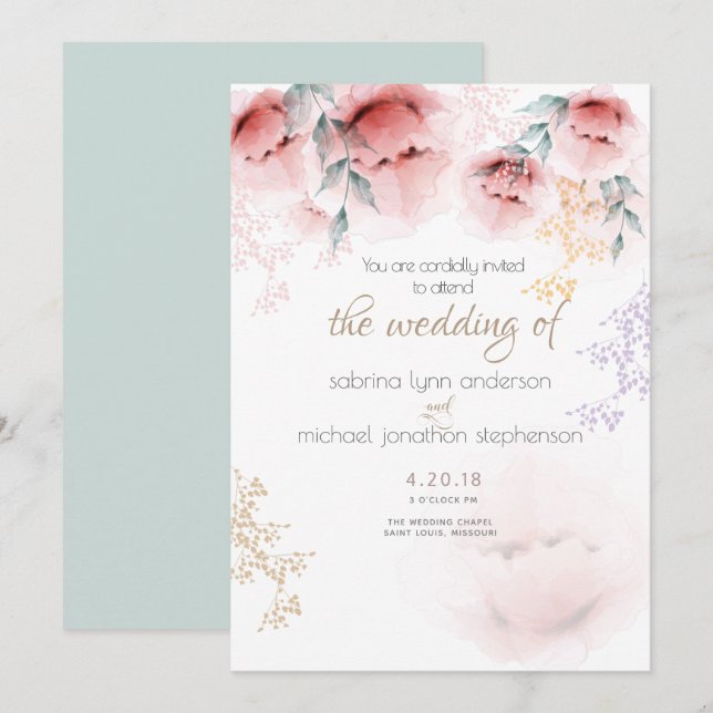 Wedding |Chic Trendy Coral and Lilac Aquarelle Invitation (Front/Back)