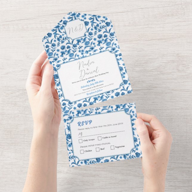 Wedding Chintz Blue & White Floral Invite & RSVP (Tearaway)