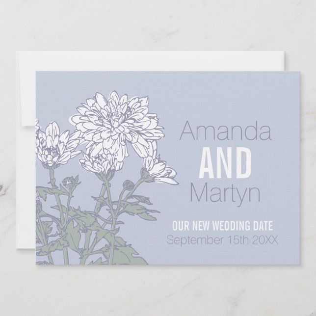 Wedding chrysanthemum white grey rescheduled invitation (Front)
