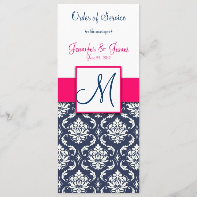 Wedding Church Program Hot Pink Navy Blue Damask (Front)