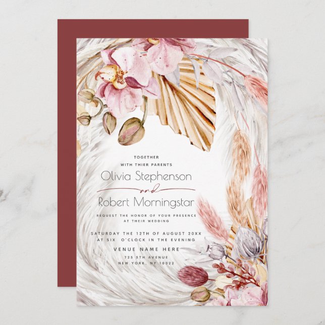Wedding | Coastal Ivory Pampas Grass Pink Orchids  Invitation (Front/Back)