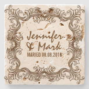 Wedding Coaster Beige Brown Vintage Floral Frame
